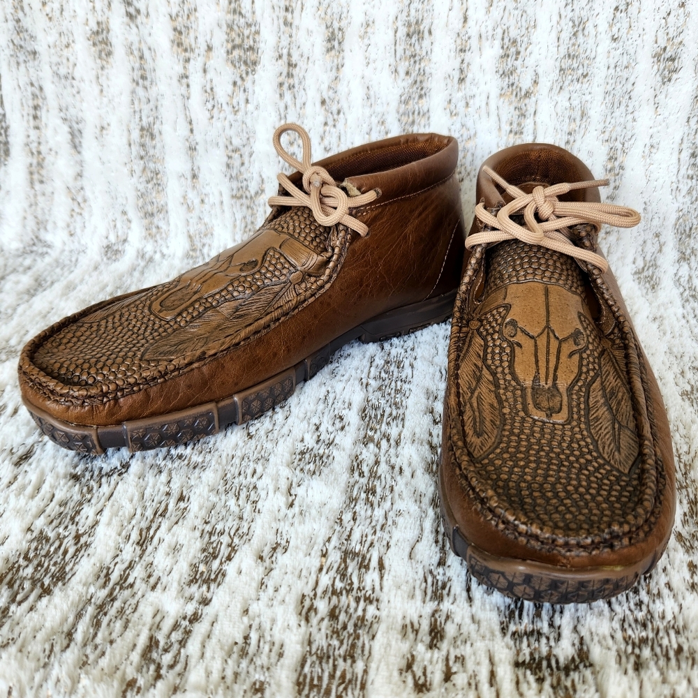 Reywelt Western Chukka Boot Loafer Brown Leather Steer Head | Men's Size 8 - Picture 1 of 14